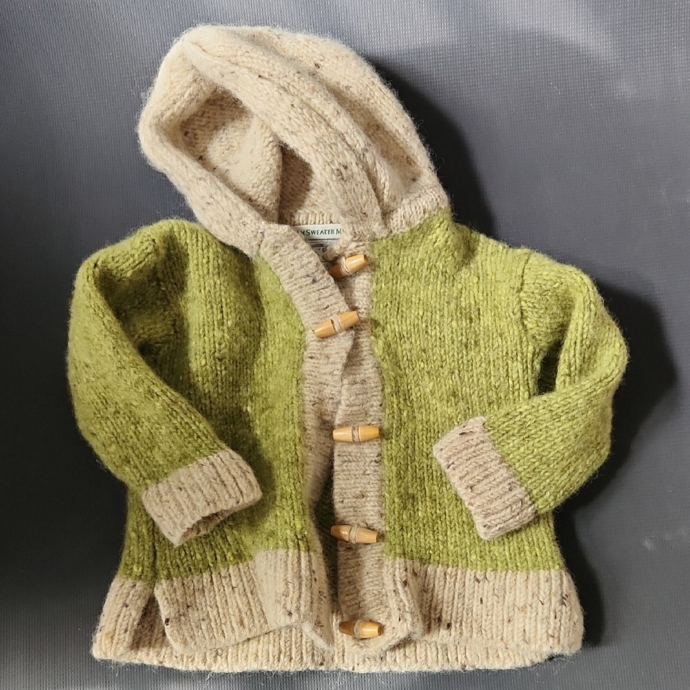 Hand Knit Aran Island Wool Charming Green and Cream Kids' Hooded Sweater